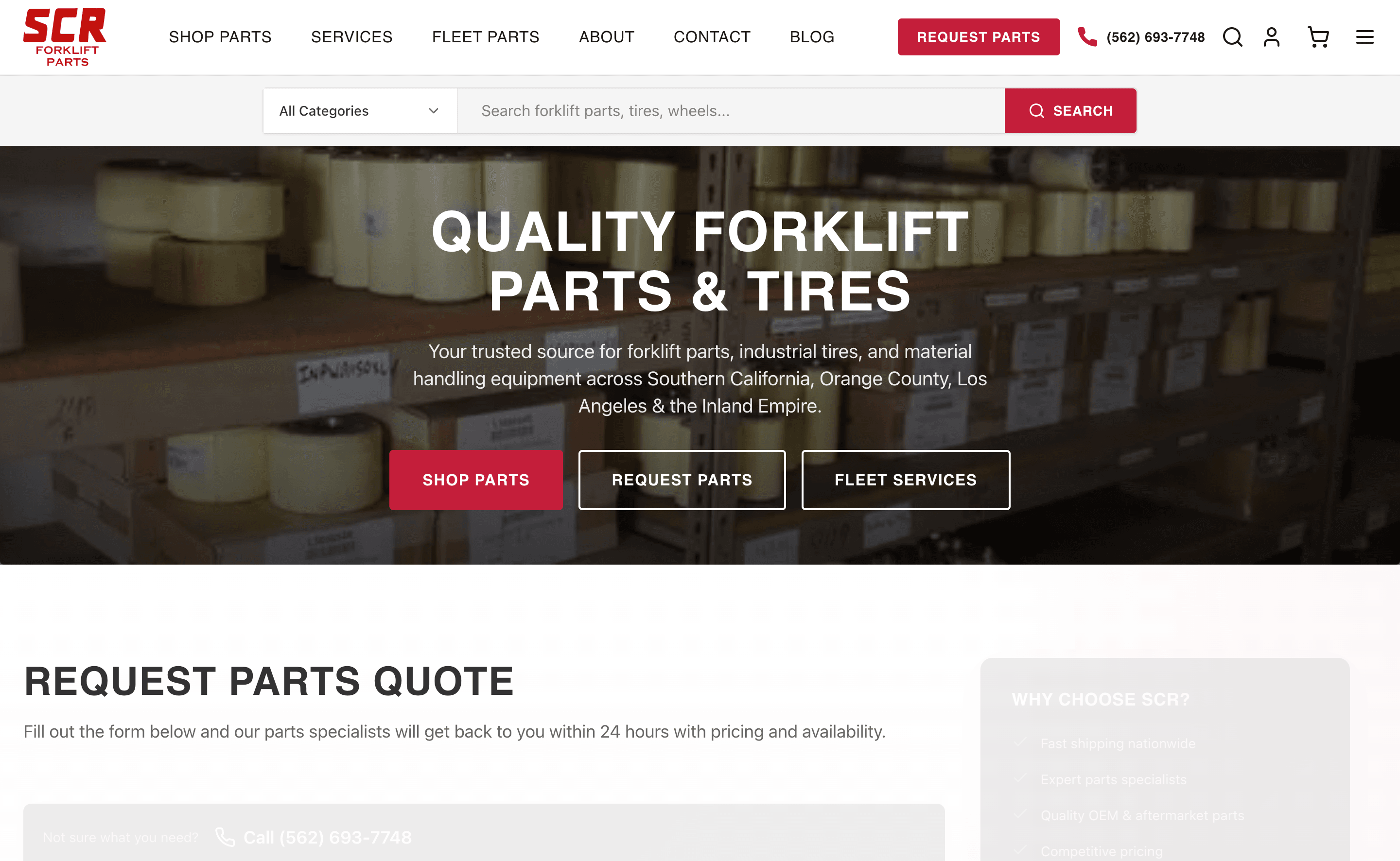 The SCR Forklift storefront landing page.